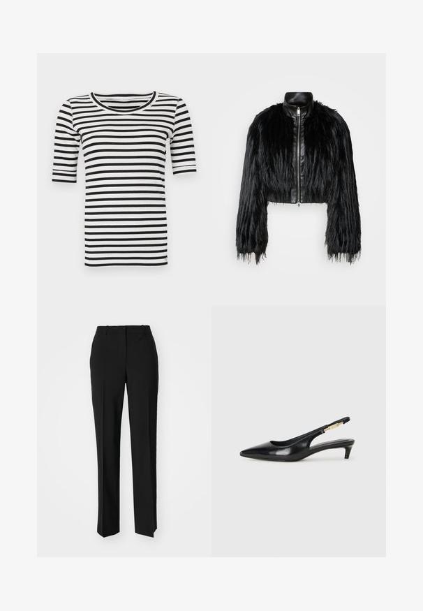 Black cropped jacket combining long faux fur sleeves with a black leather collar and front zipper, featuring a textured, shaggy finish.; Black and white striped t-shirt with a round neckline and short sleeves. Made of soft cotton, featuring horizontal stripes and minimal stitching.; Black tailored trousers with a straight-leg design, featuring a smooth texture and crisp creases along the front. No visible hardware.; Black leather slingback heels with a pointed toe, featuring a slim heel and a gold-tone accent on the adjustable strap. Smooth texture.