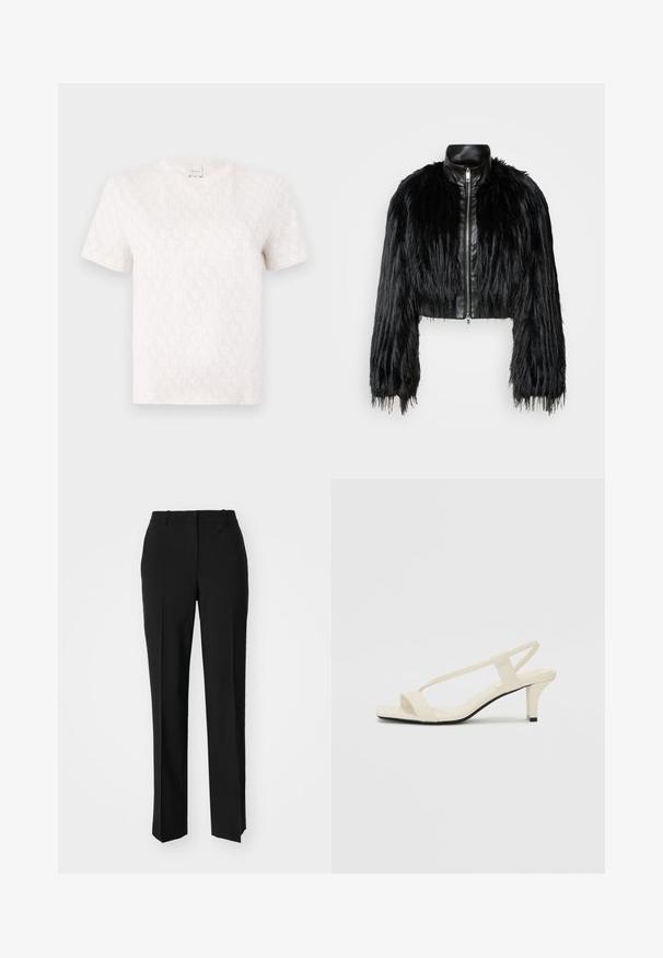 Chaqueta negra corta que combina mangas largas de piel sintética con un collar de cuero negro y cremallera frontal, con un acabado texturizado y despeinado.; Camiseta de manga corta color crema, hecha de algodón, con un sutil patrón de monograma en toda la prenda. Presenta un escote redondo y un corte relajado.; Pantalones negros ajustados con un diseño de pierna recta, que presentan una textura suave y pliegues nítidos en el frente. Sin herrajes visibles.; Sandalias de tacón cuadrado en color beige con tiras delgadas y punta cuadrada. Material suave con un diseño minimalista, diseñado para facilitar su uso.