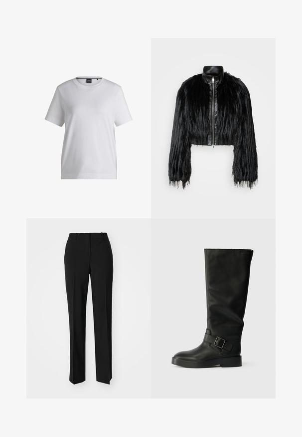 Fekete crop dzseki, amely hosszú műszőrme ujjakkal, fekete bőr gallérral és elöl cipzárral kombinálva, texturált, bolyhos felülettel rendelkezik.; Fehér pamut póló kerek nyakkivágással, rövid ujjal és laza szabással. Kicsi márkajelzés található a gallér közelében.; Fekete, testhezálló nadrág egyenes szárú kivitelben, sima textúrával és éles redőkkel az elején. Nincs látható fémalkatrész.; Fekete, térdig érő csizmák, sima bőrből, lekerekített orral, vastag talppal és egy vízszintes pánttal, amely téglalap alakú csat részlettel rendelkezik.