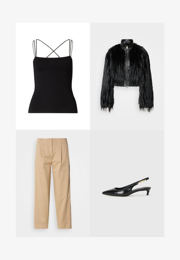 Črn skrajšan jopič, ki združuje dolge rokave iz umetnega krzna s črnim usnjenim ovratnikom in sprednjim zadrgo, z dokaj teksturiranim, kosmatim zaključkom.; Samsøe Samsøe SANEHA - Top - black; Bež hlače iz bombaža z ohlapnim krojem, z dvema sprednjima naborkoma, ravno nogavico in klasičnim gumbom za zapiranje na pasu.; Črne usnjene sandale na peto z ostro konico, ki imajo tanko peto in zlat ton na nastavljivem traku. Gladka tekstura.