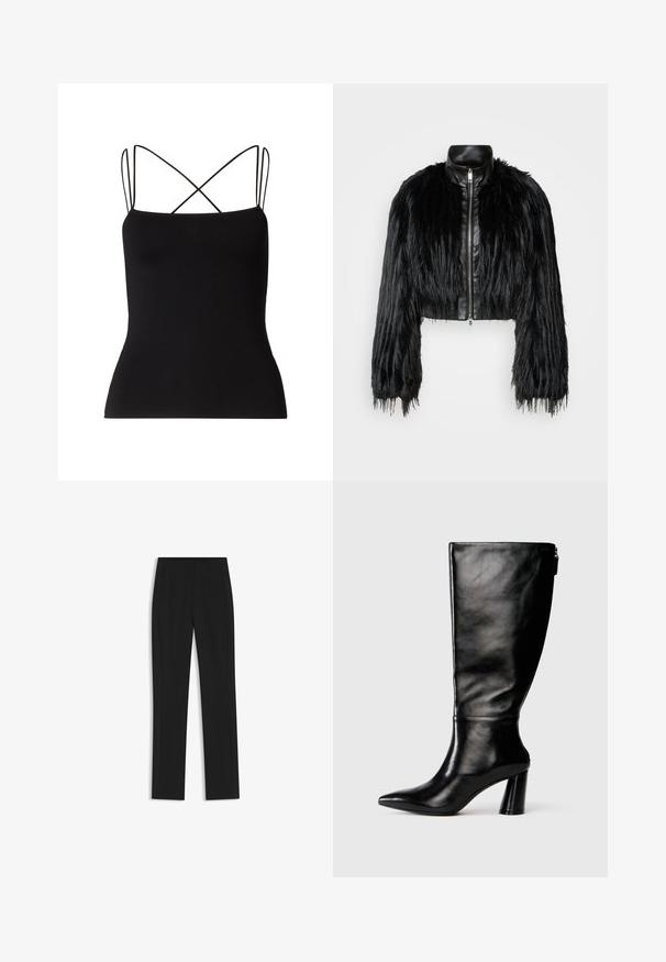 Schwarze, kurz geschnittene Jacke mit langen, gefälschten Pelzärmeln, einem schwarzen Lederkragen und einem Reißverschluss vorne, die eine strukturierte, fusselige Oberfläche hat.; Samsøe Samsøe SANEHA - Top - black; Schwarze maßgeschneiderte Hose mit geradem Bein, ausgestattet mit Fronttaschen und einem glatten, strukturierten Stoff. Saubere, minimale Details.; Knöchelhohe schwarze Lederstiefel mit einer spitzen Zehe, glatter Oberfläche und einem klobigen Absatz. Verfügt über einen Reißverschluss hinten.