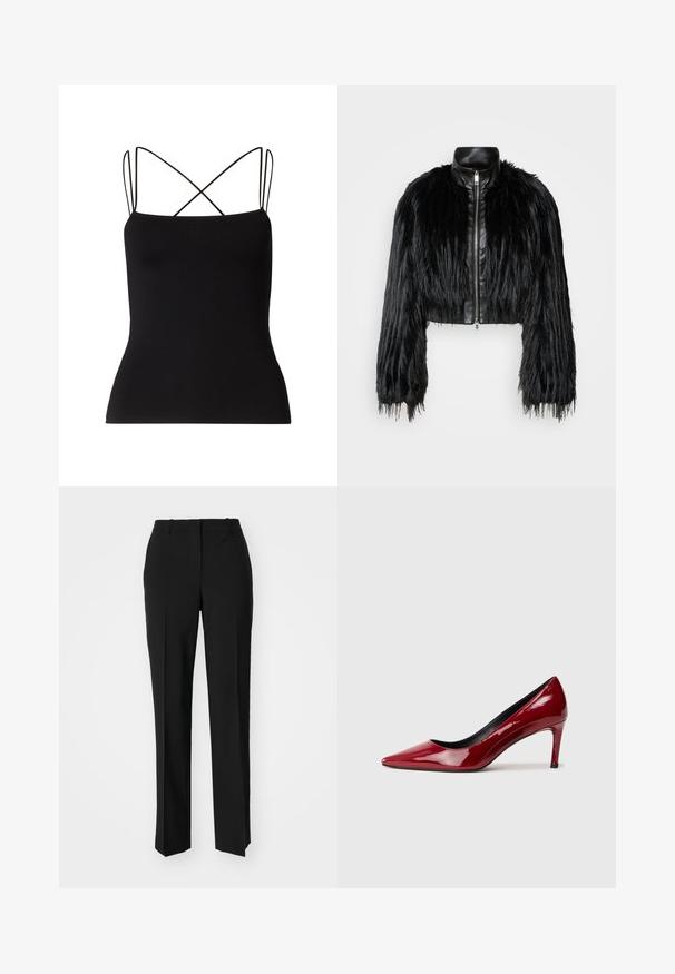 Black cropped jacket combining long faux fur sleeves with a black leather collar and front zipper, featuring a textured, shaggy finish.; Samsøe Samsøe SANEHA - Top - black; Black tailored trousers with a straight-leg design, featuring a smooth texture and crisp creases along the front. No visible hardware.; Red patent leather high-heeled shoe with a pointed toe and a slim heel. Smooth texture with a glossy finish and black interior lining.