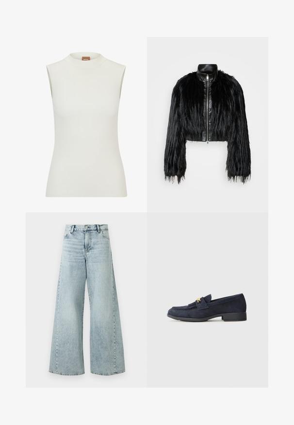 Giacca nera corta che combina maniche lunghe in pelliccia sintetica con un colletto in pelle nera e zip frontale, caratterizzata da una finitura testurizzata e shaggy.; Top bianco senza maniche con un colletto alto, caratterizzato da una texture a coste e un design aderente. Etichetta del marchio "BOSS" visibile sul colletto.; Jeans in denim azzurro chiaro a gamba larga con vita alta, dotati di chiusura a bottone, cinque tasche e dettagli con orlo sfilacciato.; Mocassini in suede blu navy con tacco nero basso, caratterizzati da un dettaglio decorativo in oro sulla parte anteriore e un design a punta arrotondata.
