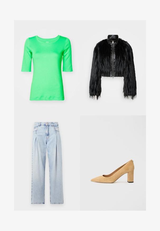Fekete crop dzseki, amely hosszú műszőrme ujjakkal, fekete bőr gallérral és elöl cipzárral kombinálva, texturált, bolyhos felülettel rendelkezik.; Zöld, testhez simuló póló, puha anyagból készült, kerek nyakkivágással és rövid ujjakkal, sima felülettel. Nincsenek látható minták vagy díszítések.; Világoskék farmernadrág magas derekú, bő szabású, két oldalsó zsebbel és pliszírozott dizájnnal. Puha tapintású, elhalványított felület.; Beige velúr magassarkú cipő, hegyes orral és tömzsi sarokkal. Az anyag puha tapintású, sima felületű.