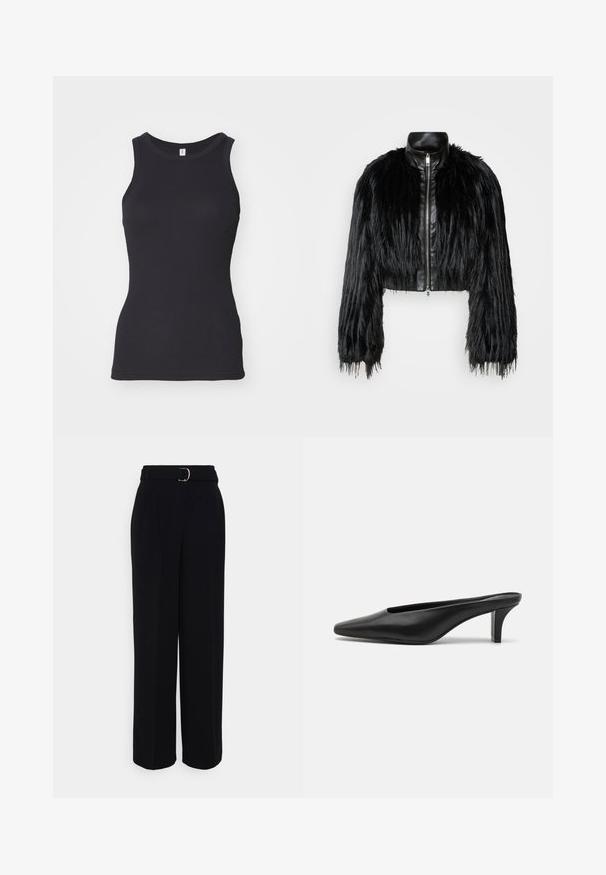 Čierna skrátená bunda kombinujúca dlhé rukávy z umelého kožušiny s čiernym koženým golierom a predným zipsom, so štruktúrovaným, strapcovitým povrchom.; Čierny tielko bez rukávov s okrúhlym výstrihom. Vyrobené z jemnej bavlnenej tkaniny, má priliehavý strih a hladkú textúru.; Čierne upravené nohavice s širokým strihom, s opaskom so striebornou sponou, záhybmi a hladkou textúrou látky.; Čierne kožené špicaté muly s nízkym stiletto podpätkom. Hladká textúra, minimalistický dizajn a otvorená zadná časť pre jednoduché obúvanie.