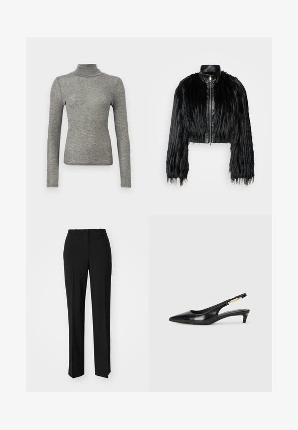 Black cropped jacket combining long faux fur sleeves with a black leather collar and front zipper, featuring a textured, shaggy finish.; Samsøe Samsøe DOU - Long sleeved top - grey; Black tailored trousers with a straight-leg design, featuring a smooth texture and crisp creases along the front. No visible hardware.; Black leather slingback heels with a pointed toe, featuring a slim heel and a gold-tone accent on the adjustable strap. Smooth texture.