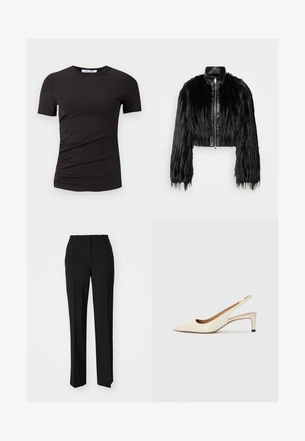 Černá zkrácená bunda kombinující dlouhé rukávy z umělé kožešiny s černým koženým límcem a předním zipem, s texturovaným, chlupatým povrchem.; Černé tričko s krátkým rukávem vyrobené z měkké látky, s kulatým výstřihem a zdobením na levé straně pro jemnou texturu.; Černé kalhoty na míru se střihem do rovna, které mají hladkou texturu a ostré sklady na přední straně. Bez viditelného kování.; Světlé kožené slingback boty s špičatou špičkou, nízkým podpatkem a výřezovým designem, hladkým povrchem a minimálními akcenty.
