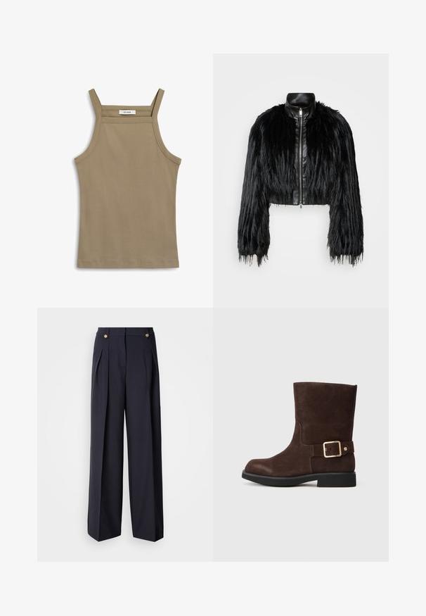 Black cropped jacket combining long faux fur sleeves with a black leather collar and front zipper, featuring a textured, shaggy finish.; Khaki tank top with thin shoulder straps, ribbed texture, and a straight hem. Label reads "IVY OAK" at the neckline.; Wide-leg trousers made of dark fabric, featuring two front pleats, a high waist, and gold-tone button accents at the front.; Brown suede ankle boot with a rounded toe, flat black sole, and gold buckle accent on the side. Smooth texture and simple design.