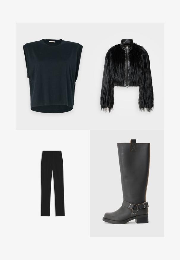 Giacca nera corta che combina maniche lunghe in pelliccia sintetica con un colletto in pelle nera e zip frontale, caratterizzata da una finitura testurizzata e shaggy.; Top corto nero a maniche corte con una vestibilità rilassata, collo a giro, spalle leggermente scese e orlo arrotondato. Realizzato in tessuto morbido.; Pantaloni neri su misura con un design a gamba dritta, dotati di tasche frontali e un tessuto liscio e strutturato. Dettagli ordinati e minimalisti.; Stivale nero in pelle alta fino al ginocchio con finitura texturizzata, caratterizzato da un'accento a fibbia laterale e un tacco basso. Cuciture dettagliate lungo le cuciture.