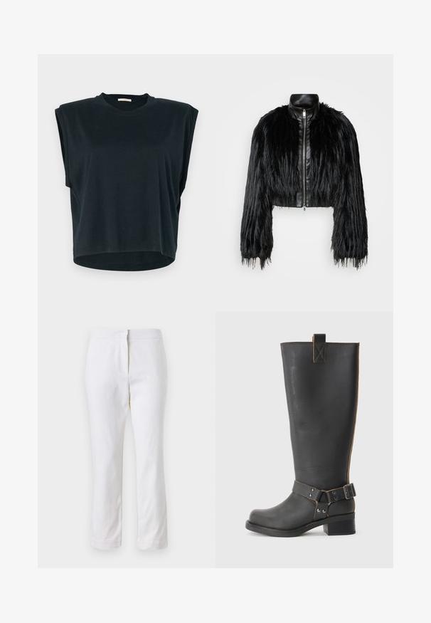 Giacca nera corta che combina maniche lunghe in pelliccia sintetica con un colletto in pelle nera e zip frontale, caratterizzata da una finitura testurizzata e shaggy.; Top corto nero a maniche corte con una vestibilità rilassata, collo a giro, spalle leggermente scese e orlo arrotondato. Realizzato in tessuto morbido.; Pantaloni bianchi in cotone con design a gamba dritta, caratterizzati da una vita a media altezza e senza hardware o motivi visibili. Tessuto liscio su tutta la superficie.; Stivale nero in pelle alta fino al ginocchio con finitura texturizzata, caratterizzato da un'accento a fibbia laterale e un tacco basso. Cuciture dettagliate lungo le cuciture.