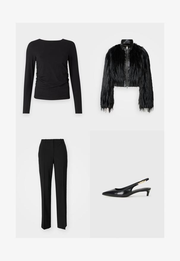 Fekete crop dzseki, amely hosszú műszőrme ujjakkal, fekete bőr gallérral és elöl cipzárral kombinálva, texturált, bolyhos felülettel rendelkezik.; Fekete, hosszú ujjú blúz puha anyagból, kerek nyakkivágással és az egyik oldalon gyűrődött részletekkel, amelyek textúrát adnak.; Fekete, testhezálló nadrág egyenes szárú kivitelben, sima textúrával és éles redőkkel az elején. Nincs látható fémalkatrész.; Fekete bőr slingback magassarkúk, hegyes orral, vékony sarkakkal és arany színű részlettel a állítható pánton. Simа felület.