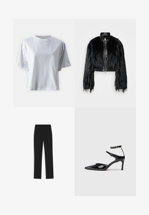 Black cropped jacket combining long faux fur sleeves with a black leather collar and front zipper, featuring a textured, shaggy finish.; IVY OAK KYLA - Basic T-shirt - bright white; Black tailored trousers with a straight-leg design, featuring front pockets and a smooth, textured fabric. Neat, minimal detailing.; Black patent leather heels with a pointed toe, adjustable ankle straps, and a slender heel. Smooth texture with a shiny finish.