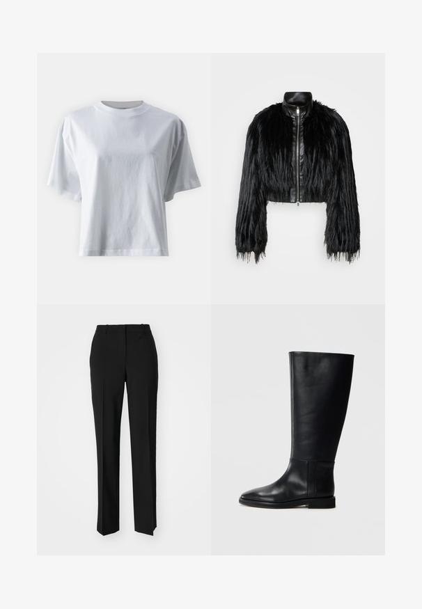 Black cropped jacket combining long faux fur sleeves with a black leather collar and front zipper, featuring a textured, shaggy finish.; IVY OAK KYLA - Basic T-shirt - bright white; Black tailored trousers with a straight-leg design, featuring a smooth texture and crisp creases along the front. No visible hardware.; Black leather knee-high boot with a rounded toe, smooth texture, minimalistic design, and a flat sole. Simple seam details on the shaft.