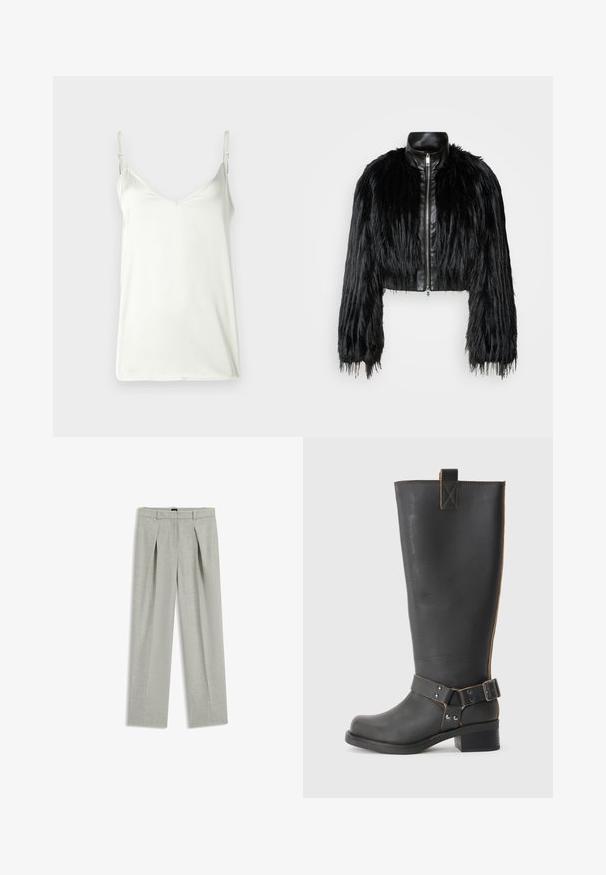 Schwarze, kurz geschnittene Jacke mit langen, gefälschten Pelzärmeln, einem schwarzen Lederkragen und einem Reißverschluss vorne, die eine strukturierte, fusselige Oberfläche hat.; Weißes Cami-Top aus glattem Stoff, mit dünnen verstellbaren Trägern und einem V-Ausschnitt. Einfaches Design ohne Muster oder Verzierungen.; Hellgraue, weit geschnittene Hosen aus strukturiertem Stoff; mit Vorderfalten und klassischem Bund. Geeignet für legere oder formelle Anlässe.; Schwarze Leder-Stiefel bis zum Knie mit strukturiertem Finish, seitlichem Schnallenakzent und niedrigem Absatz. Detaillierte Steppnähte entlang der Nähte.
