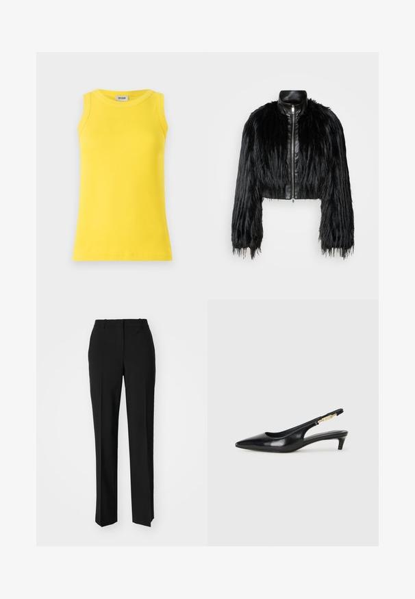 Black cropped jacket combining long faux fur sleeves with a black leather collar and front zipper, featuring a textured, shaggy finish.; Yellow sleeveless tank top made from ribbed fabric, featuring a round neckline and a fitted shape. Label shows "DRYKORN."; Black tailored trousers with a straight-leg design, featuring a smooth texture and crisp creases along the front. No visible hardware.; Black leather slingback heels with a pointed toe, featuring a slim heel and a gold-tone accent on the adjustable strap. Smooth texture.