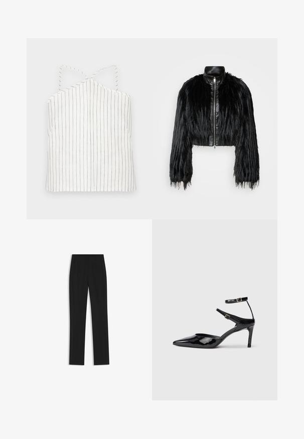 Mustan lyhyen takin yhdistelmä, jossa on pitkät tekoturkishihat, musta nahkakaulus ja etuvetoketju. Takissa on teksturoitu, karhea pinta.; Valkoinen toppi, jossa on ohuita mustia pystysuoria raitoja. Sisältää halterneck-mallin, jossa on ristikkäiset hihnat ja suora helma. Kevyt, sileä rakenne.; Mustat räätälöidyt housut suoran lahkeen designilla, joissa on etutaskut ja sileä, teksturoitu kangas. Siistit, minimalistiset yksityiskohdat.; Mustat lakatut korkokengät, joissa on terävä kärki, säädettävät nilkkahihnat ja hoikka korko. Suora pinta, joka näyttää kiiltävältä.