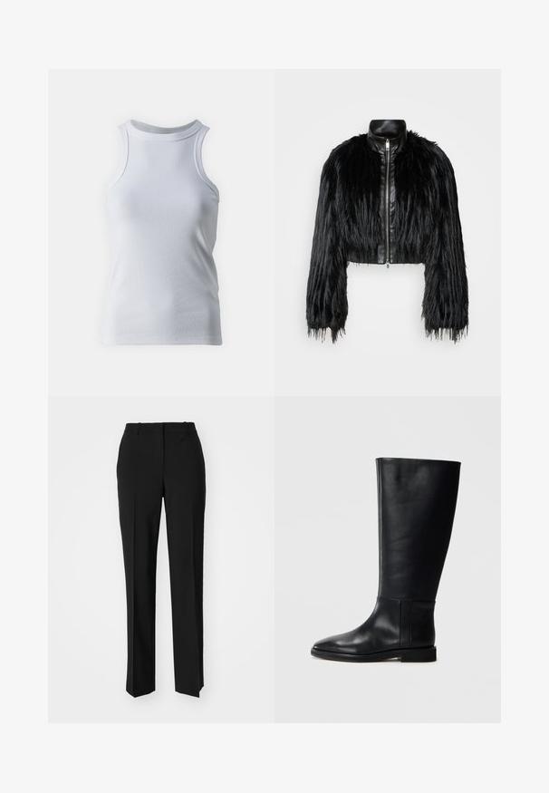 Juodas trumpas švarkas, derinantis ilgas dirbtinio kailio rankoves su juodu odiniu apykakle ir priekiniais užtrauktukais, turintis tekstūruotą, purų paviršių.; Baltas be rankovių marškinėlis, pagamintas iš minkštos ir elastingos medvilnės. Turintis aukštą iškirptę ir lygų paviršių be raštų ar akcentų.; Juodi pritaikyti kelnių modeliai su tiesiomis kojomis, pasižyminčios lygiomis tekstūromis ir ryškiomis klostėmis priekyje. Nėra matomų detalių.; Juodos odinės kelio ilgio boot'ai su apvaliu pirštu, lygia tekstūra, minimalistiniu dizainu ir plokščiu padu. Paprasti siuvinėjimo detalės ant šonu.