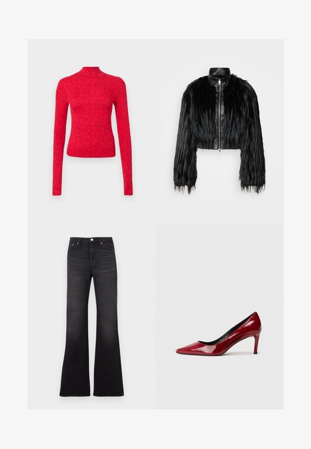 Schwarze, kurz geschnittene Jacke mit langen, gefälschten Pelzärmeln, einem schwarzen Lederkragen und einem Reißverschluss vorne, die eine strukturierte, fusselige Oberfläche hat.; Rotes Langarmoberteil mit hohem Kragen, versehen mit einem schwarzen Blumenmuster, aus geripptem Stoff für ein strukturiertes Aussehen.; Schwarze Jeans mit ausgestelltem Bein aus Denim-Stoff, mit hoher Taille, Fünf-Taschen-Design und leichtem Ausbleichen zum Saum der Beine hin.; Roter Lackleder-Hochschaftschuh mit spitzer Zehe und schlankem Absatz. Glatte Textur mit glänzender Oberfläche und schwarzem Innenfutter.