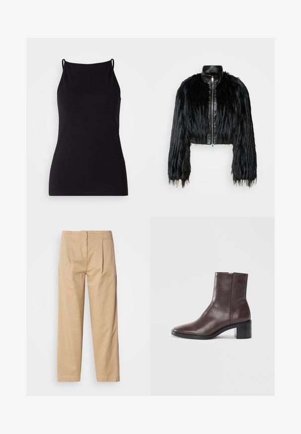 Black cropped jacket combining long faux fur sleeves with a black leather collar and front zipper, featuring a textured, shaggy finish.; Black camisole with thin straps, made from soft fabric. Features a rounded neckline and a fitted silhouette, without any patterns or embellishments.; Beige cotton pants with a relaxed fit, featuring two front pleats, a straight leg, and a classic button closure at the waistband.; Dark brown leather ankle boot with square toe, block heel, and subtle embossed logo near top on a plain white background.