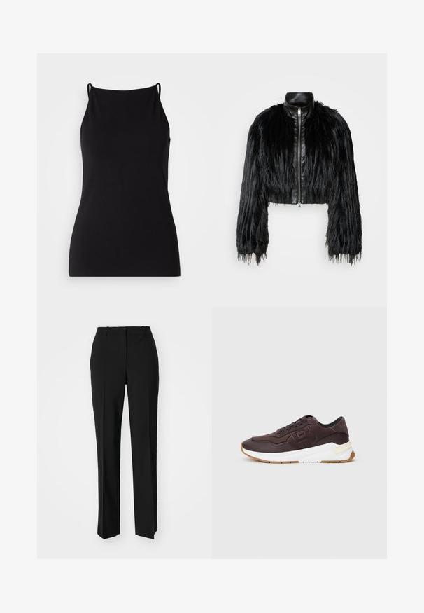 Giacca nera corta che combina maniche lunghe in pelliccia sintetica con un colletto in pelle nera e zip frontale, caratterizzata da una finitura testurizzata e shaggy.; Camisola nera con spalline sottili, realizzata in tessuto morbido. Presenta un collo arrotondato e una silhouette aderente, senza alcun motivo o decorazione.; Pantaloni neri su misura con un design a gamba dritta, caratterizzati da una texture liscia e pieghe ben definite sul davanti. Senza hardware visibile.; Sneaker marrone scuro con rifiniture nere, logo in rilievo sul lato, suola bianca spessa e suola di colore gomma su uno sfondo semplice.