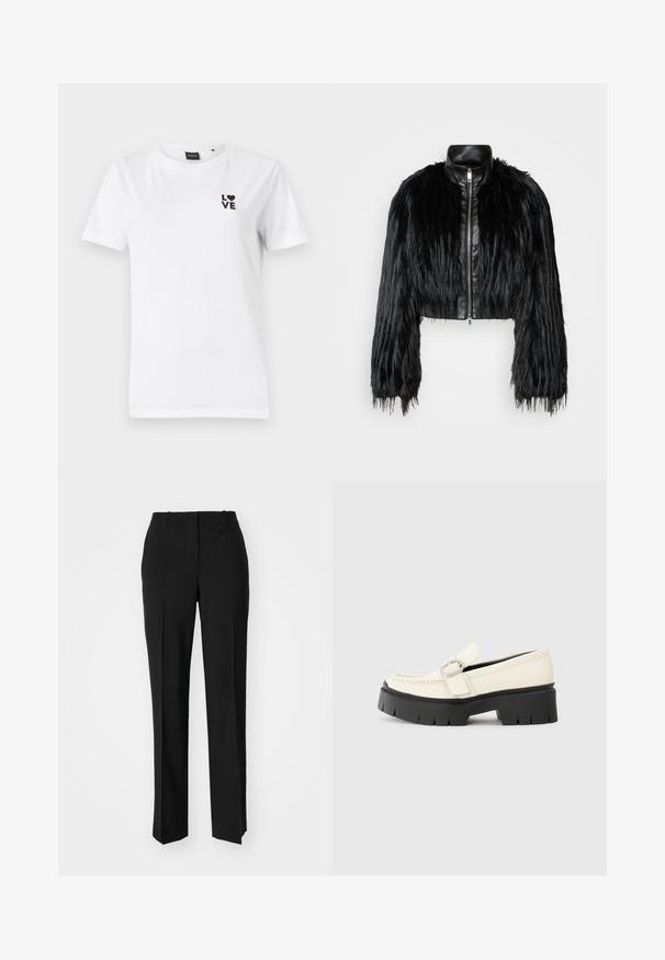 Black cropped jacket combining long faux fur sleeves with a black leather collar and front zipper, featuring a textured, shaggy finish.; White cotton T-shirt with short sleeves, featuring a black printed text "LOVE" and heart logo on the left chest area.; Black tailored trousers with a straight-leg design, featuring a smooth texture and crisp creases along the front. No visible hardware.; White leather loafer with a chunky black platform sole, featuring a rectangular silver buckle and visible stitching detail on the upper.