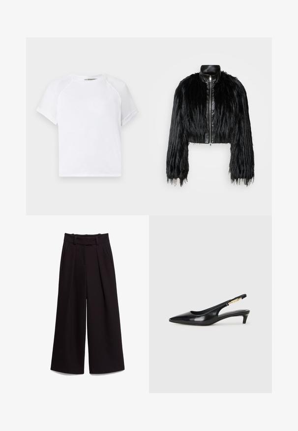 Mustan lyhyen takin yhdistelmä, jossa on pitkät tekoturkishihat, musta nahkakaulus ja etuvetoketju. Takissa on teksturoitu, karhea pinta.; Valkoinen puuvillapaita, jossa on pyöreä kaula-aukko, lyhyet raglan-hihat ja rento istuvuus. Tasainen pinta ilman näkyviä kuvioita tai korostuksia.; Mustat leveälahkeiset housut, jotka on valmistettu sileästä kankaasta. Housuissa on korkea vyötärö, vyölenkit ja kaksi etutaskua. Pleidit lisäävät tekstuuria.; Mustat nahkaiset slingback-korkokengät, joissa on terävä kärki, ohuet korot ja kultasävytteinen yksityiskohta säädettävässä hihnassa. Silkkinen pinta.