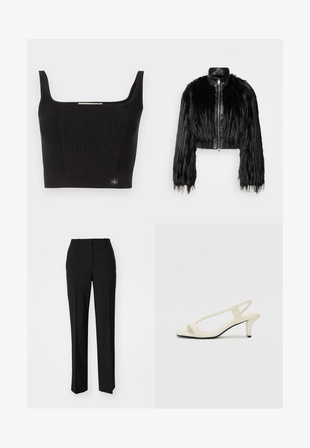 Črn skrajšan jopič, ki združuje dolge rokave iz umetnega krzna s črnim usnjenim ovratnikom in sprednjim zadrgo, z dokaj teksturiranim, kosmatim zaključkom.; Črn rebrast crop top z širokimi naramnicami, kvadratnim izrezom in oprijetim dizajnom. Ima majhno nalepko na spodnjem levem delu.; Črne krojene hlače s direktnim krojem, ki se ponašajo z gladko teksturo in ostrimi pregibi spredaj. Ni vidne kovine.; Bež sandale z blok peto, tankimi trakovi in kvadratnim prstom. Gladek material z minimalnim okrasjem, zasnovan za enostavno nošenje.