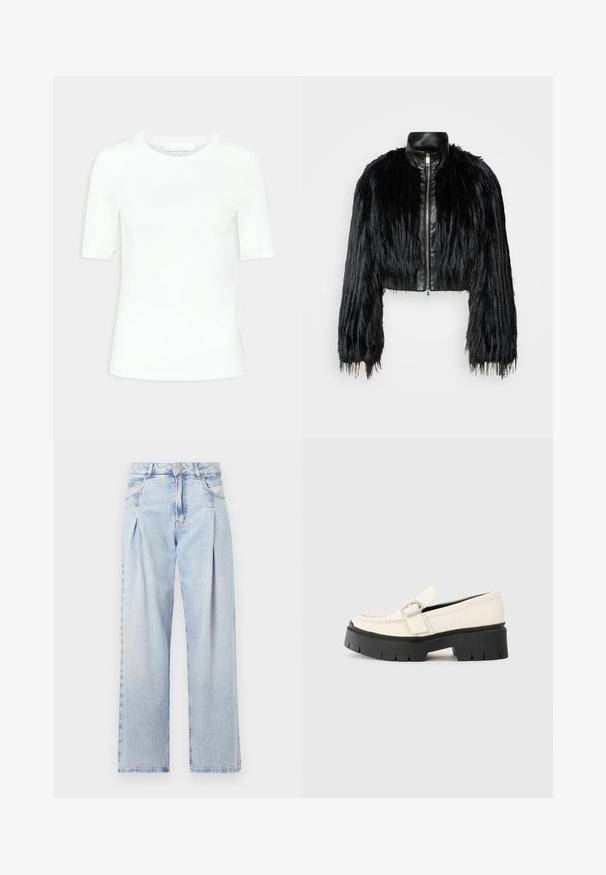 Čierna skrátená bunda kombinujúca dlhé rukávy z umelého kožušiny s čiernym koženým golierom a predným zipsom, so štruktúrovaným, strapcovitým povrchom.; Biela krátka rukávová tričko vyrobené z mäkkej bavlny. Má okrúhly výstrih a priliehavý strih bez vzorov alebo viditeľného hardvéru.; Svetlomodré džínsy s vysokým pásom, širším strihom po celej dĺžke, dvoma bočnými vreckami a skladaným dizajnom. Mäkka textúra s vyblednutým vzhľadom.; Biele kožené mokasíny s robustnou čiernou platformou, zdobené obdĺžnikovou striebornou prackou a viditeľným šitím na vrchnej časti.