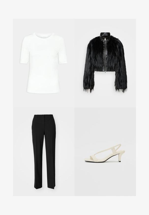 Melnā īsā jaka ar garām mākslīgā kažoka piedurknēm, melnu ādas apkakli un priekšējo rāvējslēdzēju, ar teksturētu, pūkainu apdari.; Balts īsām piedurknēm t-krekls, izgatavots no mīksta kokvilnas. Tam ir apaļš kakla izgriezums un pieguļoša siluets bez rakstiem vai pamanāmiem elementiem.; Melnas pielāgotas bikses ar taisnu kāju dizainu, kas raksturojas ar gludu faktūru un asiem krokām pa priekšu. Nav redzamu metāla detaļu.; Beige bloku papēžu sandales ar plānām siksnām un kvadrāta formas purngalu. Gluda materiāla virsma ar minimālām detaļām, paredzētas ērtai nēsāšanai.