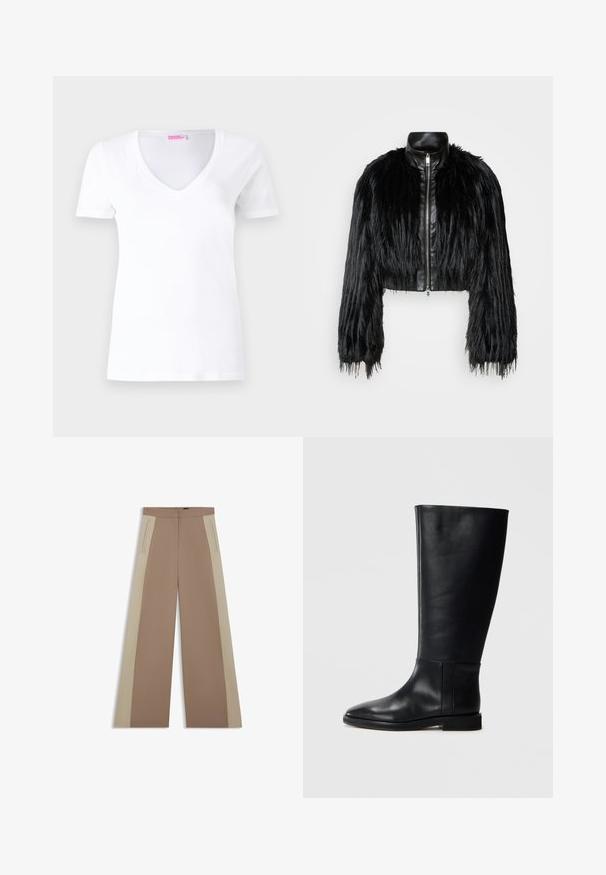 Black cropped jacket combining long faux fur sleeves with a black leather collar and front zipper, featuring a textured, shaggy finish.; White cotton T-shirt featuring a V-neck, short sleeves, and a slim fit. Label at the neckline reads "FROM FUTURE" in pink.; Brown wide-leg trousers with beige side panels, featuring a flat front, hidden pockets, and a smooth texture. Tailored design and clean lines.; Black leather knee-high boot with a rounded toe, smooth texture, minimalistic design, and a flat sole. Simple seam details on the shaft.