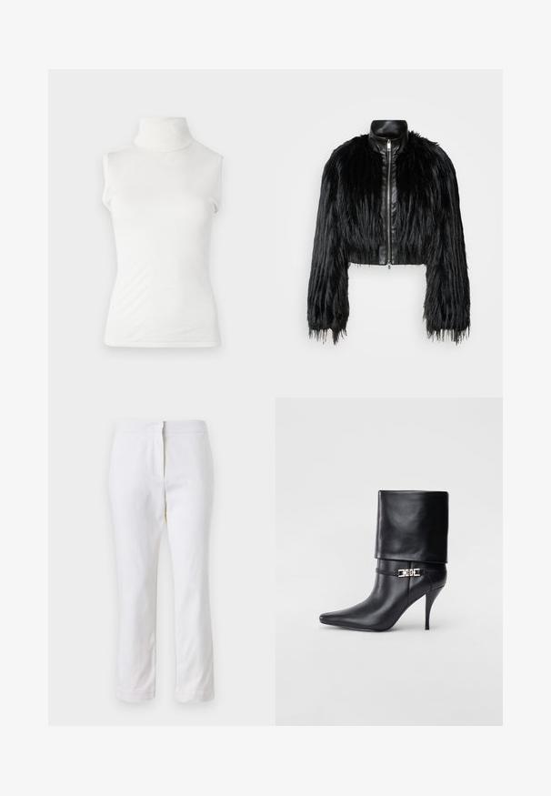 Jacket cropped preta que combina mangas longas de pelo sintético com um colarinho de pele sintética preto e fecho de correr frontal, apresentando um acabamento texturizado e desgrenhado.; Top branco sem mangas em tecido suave, com um design ajustado e gola canelada. Textura lisa sem padrões adicionais.; Calças de algodão brancas com um design de perna reta, apresentando uma cintura de altura média e sem hardware ou padrões visíveis. Textura suave por toda a peça.; Bota de tornozelo em couro preto com bico fino, alto salto stiletto, punho dobrado e detalhe decorativo em fivela dourada no tornozelo.