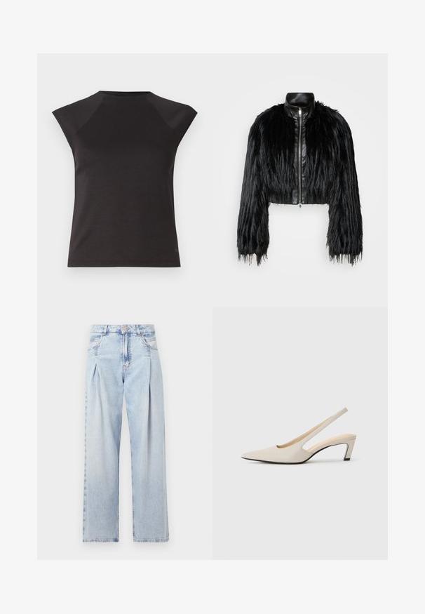 Must ikka, millel on pikad kunstkarvast varrukad, musta nahkdetailiga kaeluse ja ees oleva tõmblukuga, koos struktuurse, karvase viimistlusega.; Must mustrõngaga must lühikeste varrukatega topp, millel on nurga all õmblused õlgade juures. Valmistatud siledast kangast, sobib keha järgi ja ei sisalda silmatorkavaid mustreid.; Heledad sinise denimist valmistatud teksapüksid kõrge vöökohaga, laia jala lõikega, kahe külje taskuga ja pleedi disainiga. Pehme tekstuur ja pleekinud viimistlus.; Beige nahkast terava ninaga slingback kingad, millel on lõikekujundus, 5 cm plokknõlv ja sile tekstuur. Musta talla aktsendid.