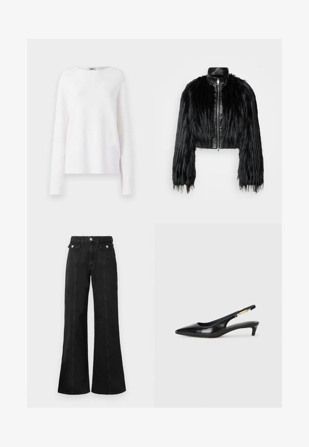 Jacket cropped preta que combina mangas longas de pelo sintético com um colarinho de pele sintética preto e fecho de correr frontal, apresentando um acabamento texturizado e desgrenhado.; Top branco de manga longa com gola redonda. Feito de um tecido leve e suave. Ajuste ligeiramente folgado, apresentando linhas simples e limpas.; Jeans flare em denim preto com cintura alta, apresentando dois bolsos frontais, detalhes em metal prateado e costura visível na parte da frente.; Saltos slingback em couro preto com bico fino, apresentando um salto esguio e um detalhe em tom dourado na alça ajustável. Textura suave.