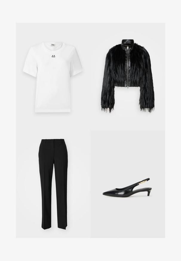 Black cropped jacket combining long faux fur sleeves with a black leather collar and front zipper, featuring a textured, shaggy finish.; White cotton t-shirt with short sleeves, featuring a small black graphic design of a face with heart eyes and a straight mouth on the chest.; Black tailored trousers with a straight-leg design, featuring a smooth texture and crisp creases along the front. No visible hardware.; Black leather slingback heels with a pointed toe, featuring a slim heel and a gold-tone accent on the adjustable strap. Smooth texture.