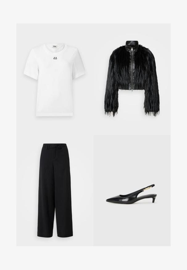 Juodas trumpas švarkas, derinantis ilgas dirbtinio kailio rankoves su juodu odiniu apykakle ir priekiniais užtrauktukais, turintis tekstūruotą, purų paviršių.; Baltas medvilninis marškinėliai su trumpomis rankovėmis, su mažo juodo grafikos dizaino atvaizdu - veidu su širdelėmis akyse ir tiesia burna krūtinėje.; Juodi plačių kojų kelnės, pagamintos iš lygaus audinio, su plokščiu priekiniu dizainu, raukšlėtėmis ir diržo kilpomis ant juosmens.; Juodas odinis pavasario batelių modelis su smailiu nosiu, turintis siaurą kulniuką ir auksinės spalvos akcentu reguliuojamoje juostoje. Lygi tekstūra.