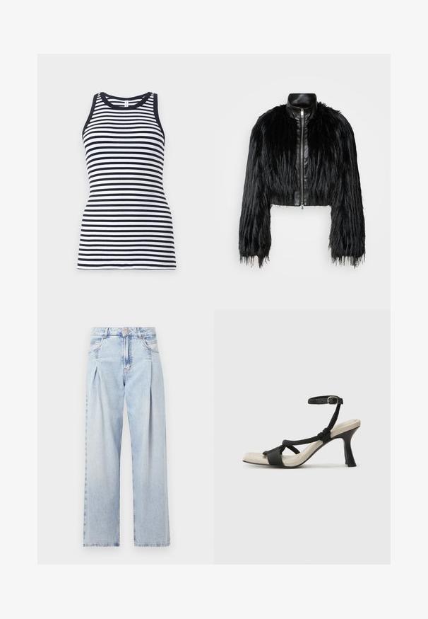 Zwart kort jasje met lange faux fur mouwen en een zwarte leren kraag en ritssluiting aan de voorkant, met een gestructureerde, harige afwerking.; Marineblauw en witte gestreepte mouwloze tanktop met een ronde hals en ribbelstructuur, met een getailleerd ontwerp.; Lichtblauwe denim jeans met een hoge taille, wijde pijpen, twee zijzakken en geplooid ontwerp. Zachte textuur met een vervaagd uiterlijk.; Zwarte hoge hak sandaal met een gevlochten bandontwerp, vierkante teen en verstelbare enkelband. Lichtbeige voetbed met een glanzende zwarte hak.