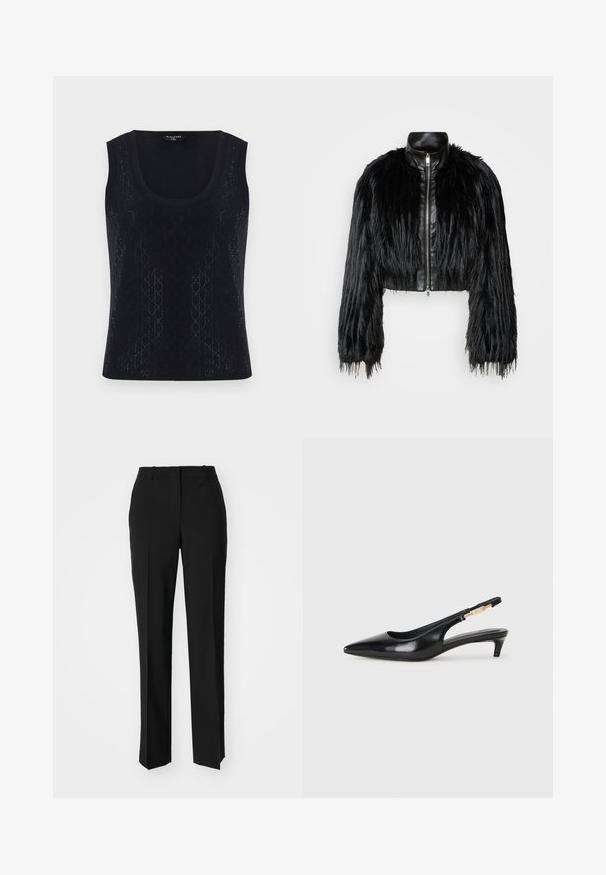 Jachetă scurtă neagră, care combină mânecile lungi din blană sintetică cu un guler din piele neagră și fermoar frontal, având o finisare texturată, zbârcită.; Top negru fără mâneci, cu decolteu rotund, având un model texturat format din forme geometrice mici și un luciu subtil. Materialul este ușor și neted.; Pantaloni negri tailor-ed cu un design drept, având o textură fină și cute clare pe față. Fără elemente de prindere vizibile.; Sandale slingback din piele neagră cu vârf ascuțit, având un toc subțire și un accent de culoare aurie pe curea ajustabilă. Textură netedă.