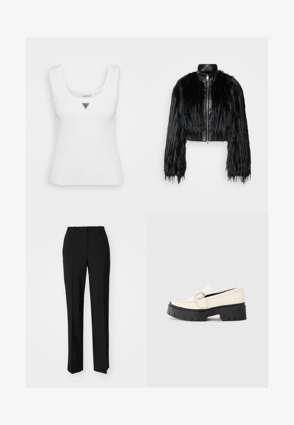 Juodas trumpas švarkas, derinantis ilgas dirbtinio kailio rankoves su juodu odiniu apykakle ir priekiniais užtrauktukais, turintis tekstūruotą, purų paviršių.; Balta juostuota marškinėlė be rankovių su apvalia iškirpte. Pirmoje dalyje yra mažas trikampis sidabrinis logotipas.; Juodi pritaikyti kelnių modeliai su tiesiomis kojomis, pasižyminčios lygiomis tekstūromis ir ryškiomis klostėmis priekyje. Nėra matomų detalių.; Baltas odinis loaferis su storu juodu platforminiu padu, turintis stačiakampį sidabrinį sagtį ir matomu siuvimo ornamentu ant viršaus.