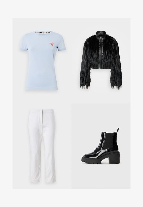 Melnā īsā jaka ar garām mākslīgā kažoka piedurknēm, melnu ādas apkakli un priekšējo rāvējslēdzēju, ar teksturētu, pūkainu apdari.; Gaiši zila kokvilnas t-krekls ar īsām piedurknēm. Uz kreisā krūšu daļas atrodas sarkans trīsstūra logos, savukārt iekšējā apakšējā daļā ir melns drukāts marķējums.; Baltas kokvilnas bikses ar taisnu kāju dizainu, ar vidēju augstumu un bez redzamām detaļām vai rakstiem. Visā virsmā ir gluda tekstūra.; Melnas patentētas potīšu zābaki ar masīlu papēdi, elastīgām sānu paneļiem, dekoratīvu siksnu un kontrastējošu šuvju. Gluda tekstūra ar spīdīgu apdari.