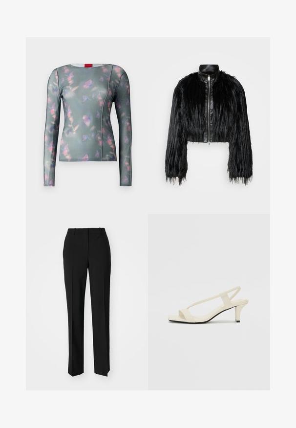 Zwart kort jasje met lange faux fur mouwen en een zwarte leren kraag en ritssluiting aan de voorkant, met een gestructureerde, harige afwerking.; Langermige top van zachte stof met een groene basis, voorzien van een bloemenpatroon in roze en paars, gestikte naden en een ronde halslijn.; Zwarte op maat gemaakte broek met een recht model, voorzien van een soepele textuur en scherpe plooien aan de voorkant. Geen zichtbare hardware.; Beige blockhak sandalen met dunne bandjes en een vierkante neus. Glad materiaal met minimale details, ontworpen voor eenvoudig dragen.