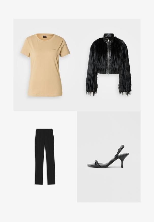 Black cropped jacket combining long faux fur sleeves with a black leather collar and front zipper, featuring a textured, shaggy finish.; Beige cotton t-shirt with a round neckline. Features short sleeves and an embossed "BOSS" logo on the left chest. Smooth texture.; Black tailored trousers with a straight-leg design, featuring front pockets and a smooth, textured fabric. Neat, minimal detailing.; Black leather high-heeled sandals with a slim, curved heel and a crossed strap design. Adjustable ankle strap. Smooth texture.