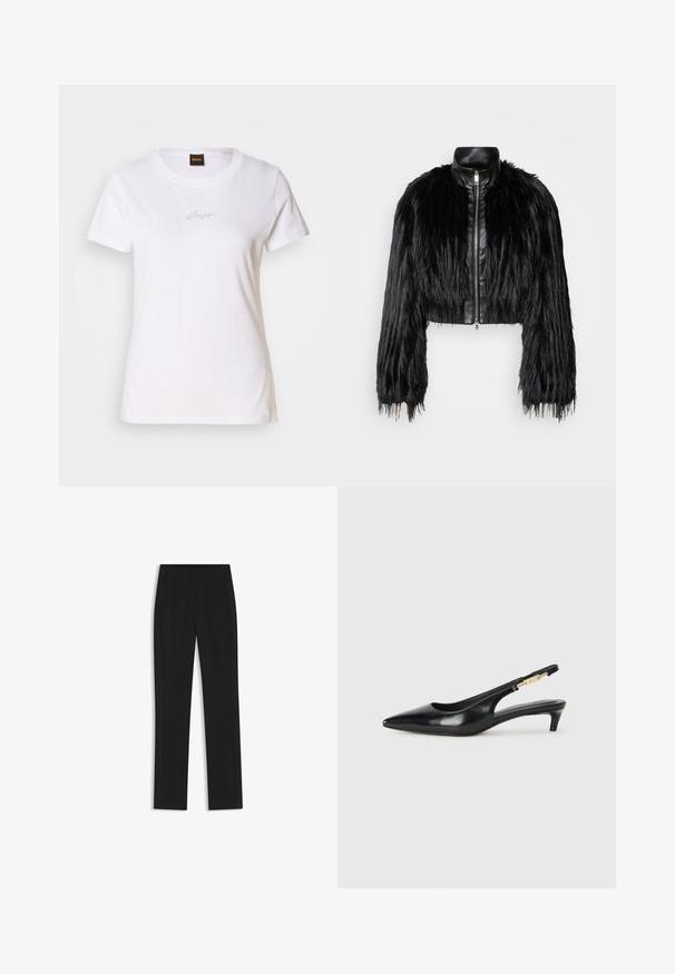 Schwarze, kurz geschnittene Jacke mit langen, gefälschten Pelzärmeln, einem schwarzen Lederkragen und einem Reißverschluss vorne, die eine strukturierte, fusselige Oberfläche hat.; Weißes Baumwoll-T-Shirt mit kurzen Ärmeln, Rundhalsausschnitt und einem kleinen, dezenten schwarzen Logo, das auf die Brust gestickt ist. Glatte Textur.; Schwarze maßgeschneiderte Hose mit geradem Bein, ausgestattet mit Fronttaschen und einem glatten, strukturierten Stoff. Saubere, minimale Details.; Schwarze Leder-Slingback-Pumps mit spitzem Schuhblatt, ausgestattet mit einem schlanken Absatz und einem goldfarbigen Akzent am verstellbaren Riemen. Glatte Textur.