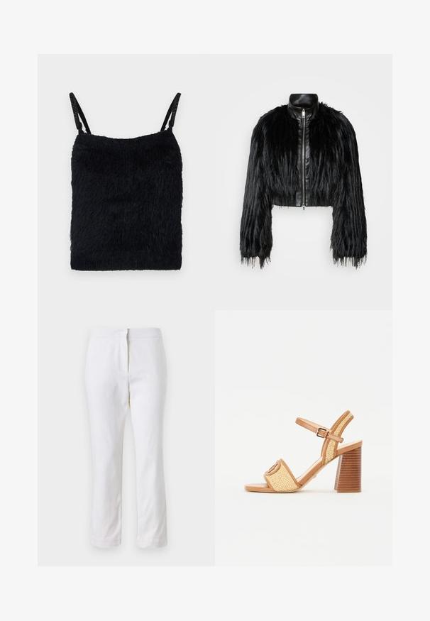 Crna skraćena jakna koja kombinira dugačke rukave od umjetnog krzna s crnim kožnim ovratnikom i prednjim zatvaračem, s teksturiranim, šaggy završetkom.; Crna krznena tkanina s tankim trakama. Teksturirana površina, kvadratnog oblika i laganog dizajna. Jednostavna, monokromatska shema boja.; Bijele pamučne hlače ravnog kroja, sa strukom srednje visine i bez vidljivih metalnih dijelova ili uzoraka. Glatka tekstura kroz cijelu dužinu.; Smeđe kožne sandale s petom od pletene slame, koje imaju remen za gležanj, otvoreni vrh i masivnu drvenu petu s horizontalnim prugama.