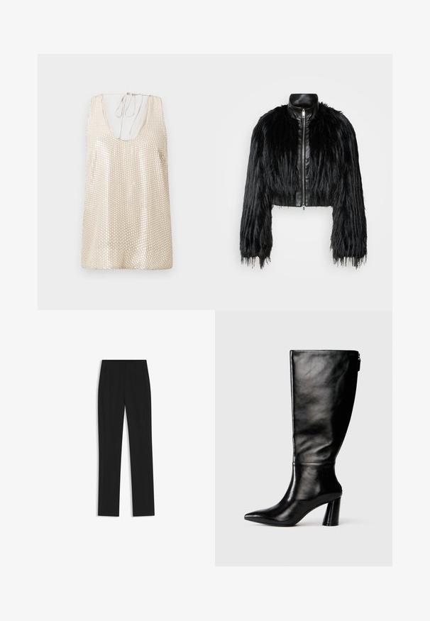 Schwarze, kurz geschnittene Jacke mit langen, gefälschten Pelzärmeln, einem schwarzen Lederkragen und einem Reißverschluss vorne, die eine strukturierte, fusselige Oberfläche hat.; Beige ärmelloses Oberteil mit tiefem Ausschnitt, verziert mit reflektierenden Paillettenmustern für Textur und visuelles Interesse sowie einem Bandverschluss hinten.; Schwarze maßgeschneiderte Hose mit geradem Bein, ausgestattet mit Fronttaschen und einem glatten, strukturierten Stoff. Saubere, minimale Details.; Knöchelhohe schwarze Lederstiefel mit einer spitzen Zehe, glatter Oberfläche und einem klobigen Absatz. Verfügt über einen Reißverschluss hinten.