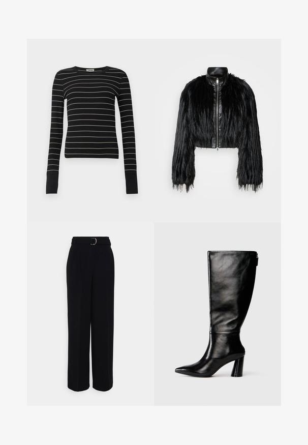 Schwarze, kurz geschnittene Jacke mit langen, gefälschten Pelzärmeln, einem schwarzen Lederkragen und einem Reißverschluss vorne, die eine strukturierte, fusselige Oberfläche hat.; Schwarzes, langärmliges, eng anliegendes Oberteil mit dünnen weißen horizontalen Streifen und verlängerten Bündchen, auf einem schlichten weißen Hintergrund präsentiert.; Schwarze maßgeschneiderte Hose mit weit auslaufendem Schnitt, ausgestattet mit einem Gürtel mit einer silbernen Schnalle, Falten und einer glatten Stofftextur.; Knöchelhohe schwarze Lederstiefel mit einer spitzen Zehe, glatter Oberfläche und einem klobigen Absatz. Verfügt über einen Reißverschluss hinten.