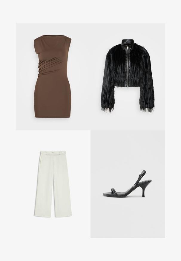 Black cropped jacket combining long faux fur sleeves with a black leather collar and front zipper, featuring a textured, shaggy finish.; Brown, sleeveless dress with a fitted silhouette. Features side ruching and a smooth, stretchy fabric. Simple round neckline, above-knee length.; Wide-leg pants in light cream fabric, featuring side pockets, a flat front, and a single button closure at the waist. Smooth texture.; Black leather high-heeled sandals with a slim, curved heel and a crossed strap design. Adjustable ankle strap. Smooth texture.