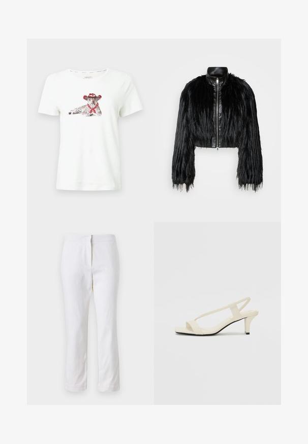 Schwarze, kurz geschnittene Jacke mit langen, gefälschten Pelzärmeln, einem schwarzen Lederkragen und einem Reißverschluss vorne, die eine strukturierte, fusselige Oberfläche hat.; Weißes Baumwoll-T-Shirt mit einem Druck eines Leoparden, der einen roten Cowboyhut und ein Halstuch trägt. Kurzärmlig und lässige Passform.; Weiße Baumwollhose mit geradem Bein, mittelhoher Taille und ohne sichtbare Beschläge oder Muster. Glatte Textur auf der gesamten Fläche.; Beige Blockabsatzsandalen mit dünnen Riemen und quadrater Spitze. Glattes Material mit minimalem Design, entworfen für einfaches Tragen.