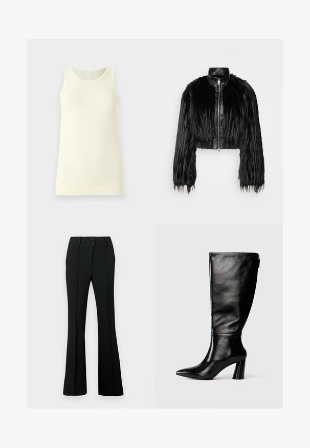Veste noire courte associant de longues manches en fausse fourrure à un col en cuir noir et une fermeture éclair à l'avant, dotée d'une finition texturée et shaggy.; Débardeur en coton jaune clair avec une texture côtelée, un col rond et de larges bretelles. Tombe droit sans embellissements.; Pantalon évasé noir en tissu lisse, avec une taille haute munie de deux boutons et des plis devant, offrant une apparence élégante et ajustée.; Botte en cuir noir à hauteur de genoux avec un bout pointu, une texture lisse et un talon épais. Elle présente un zip à l'arrière.