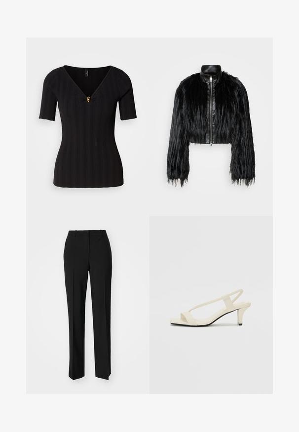 Juodas trumpas švarkas, derinantis ilgas dirbtinio kailio rankoves su juodu odiniu apykakle ir priekiniais užtrauktukais, turintis tekstūruotą, purų paviršių.; Juodas raštuotas megztukas trumpomis rankovėmis, giliu V formos apsiaustu ir auksine dekoratyvine mygtuku centre; prisitaikantis prie figūros dizainas.; Juodi pritaikyti kelnių modeliai su tiesiomis kojomis, pasižyminčios lygiomis tekstūromis ir ryškiomis klostėmis priekyje. Nėra matomų detalių.; Kreminės blokų kulno šlepetės su plonomis dirželiais ir kvadratiniu pirštu. Lygus medžiaga su minimaliais akcentais, sukurtos lengvam dėvėjimui.
