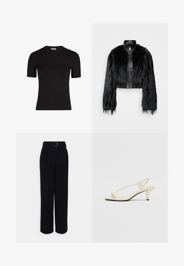 Jachetă scurtă neagră, care combină mânecile lungi din blană sintetică cu un guler din piele neagră și fermoar frontal, având o finisare texturată, zbârcită.; Tricou scurt cu manecă, negru, dintr-un material moale, cu guler rotund și siluetă ajustată. Eticheta este vizibilă în interiorul gulerului.; Pantaloni negri, ajustați, cu o siluetă largă, având un brâu cu o cataramă argintie, pliuri și o textură de țesătură netedă.; Sandale bej cu toc bloc, cu bretele subțiri și vârf pătrat. Material neted cu detalii minime, concepute pentru a fi ușor de purtat.